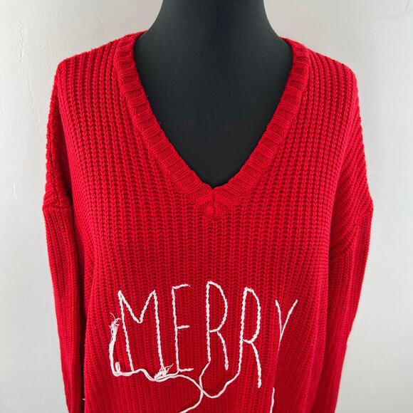 PEACE LOVE WORLD Red Destructed Affirmation V-Neck "Merry" Pullover Sweater 1X - Picture 3 of 9